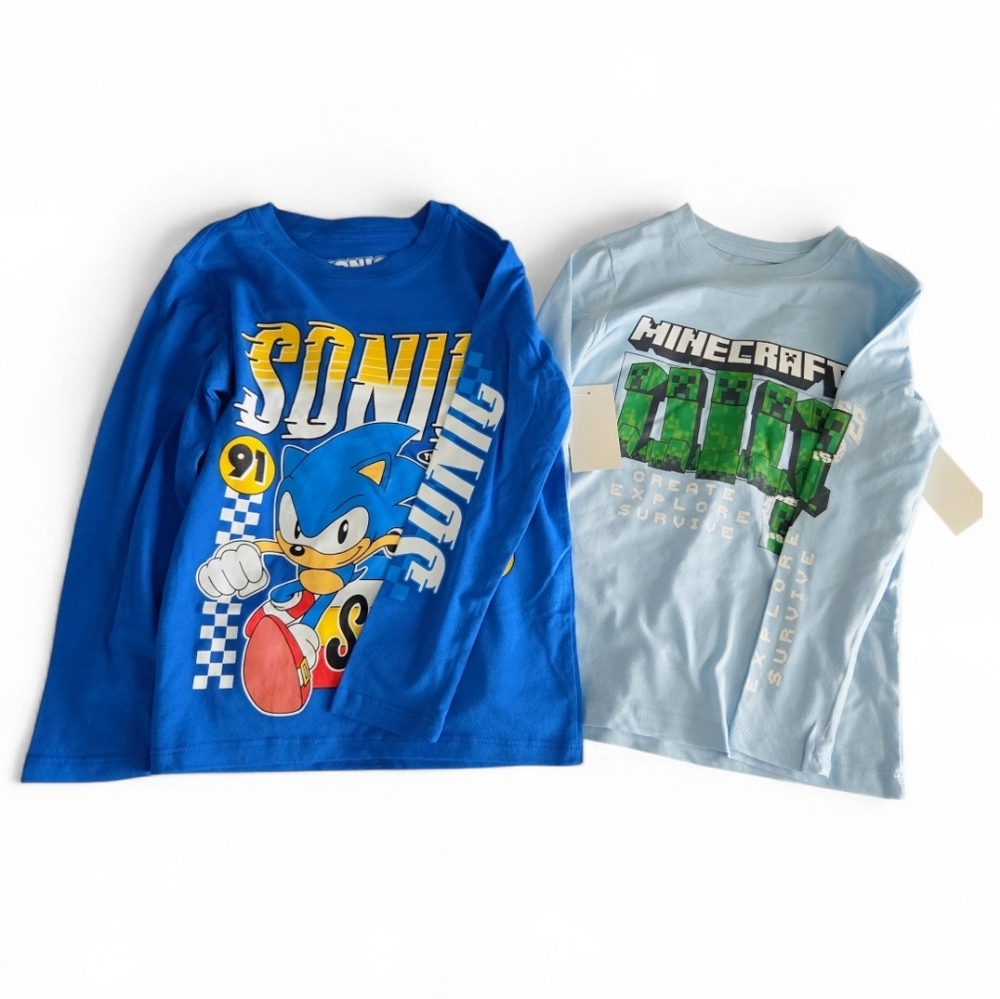 Sonic & Minecraft Kids Blue Long Sleeve Tee's (Listing Is For Both)
